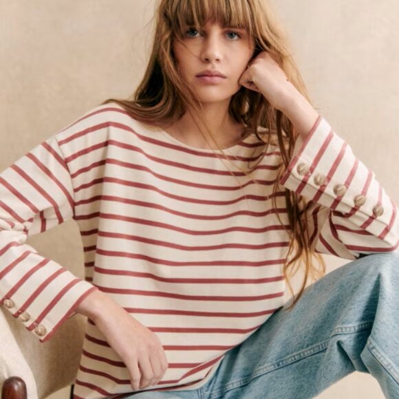 NWT Sezane Sue Marinière in Ecru/Rosewood size Small - Picture 1 of 4